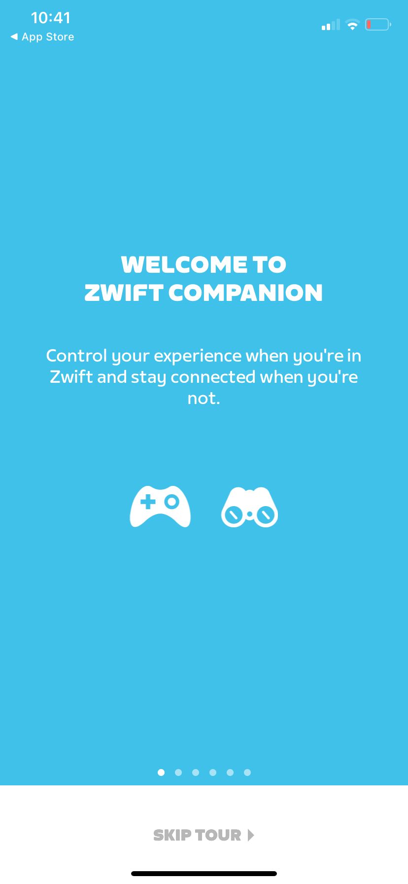 Introductie scherm van Zwift companion app direct na het downloaden