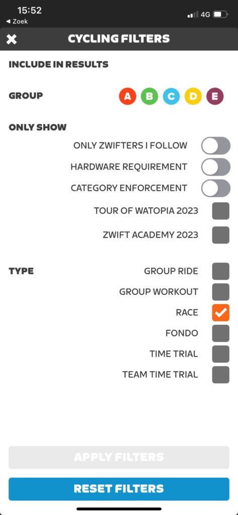 Zwift race selecteren in de Companion app als onderdeel van Zwift trainingsschema