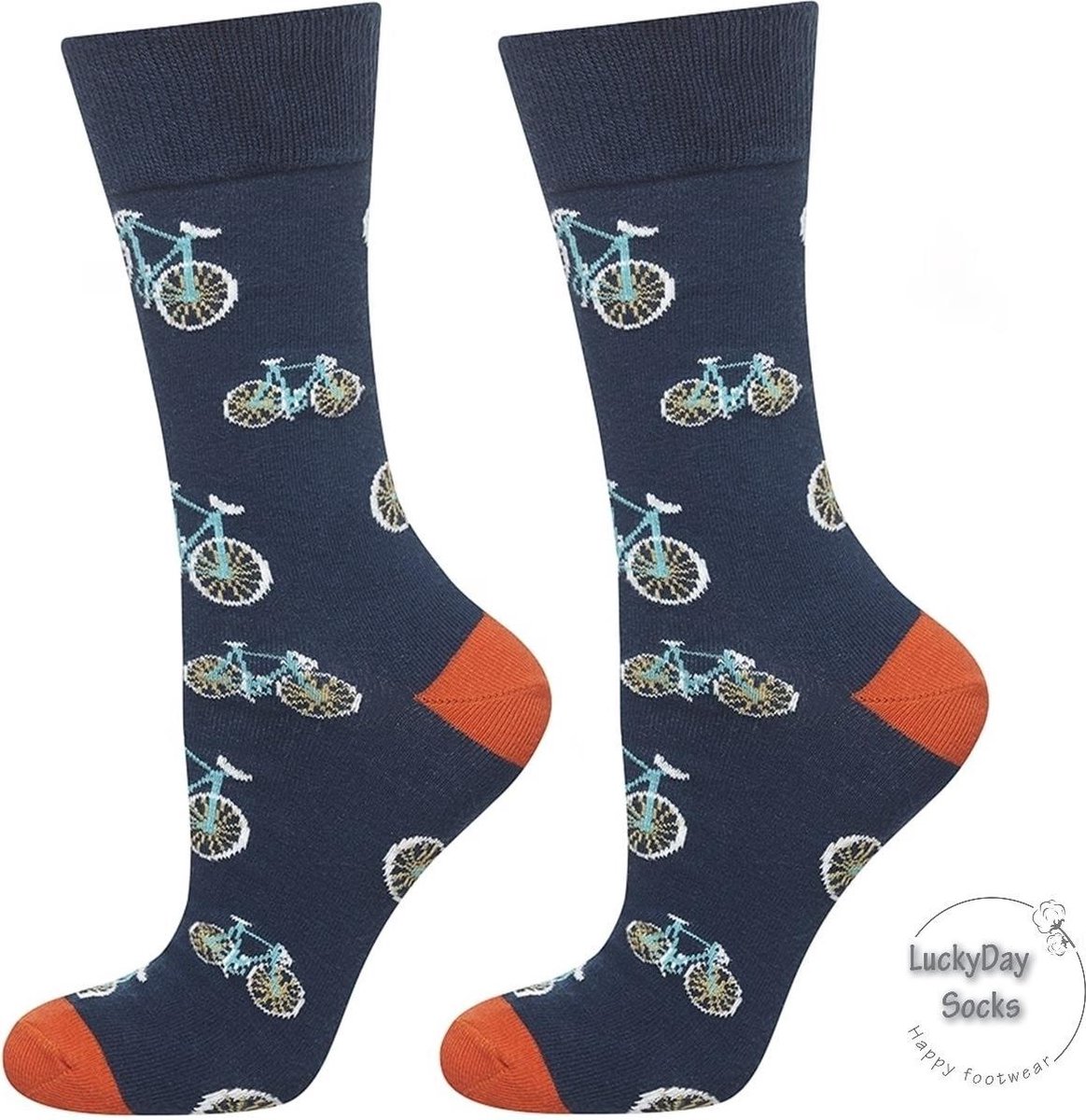 Gezellige sokken in het donkerblauw met wit afgebeelde fietsen.