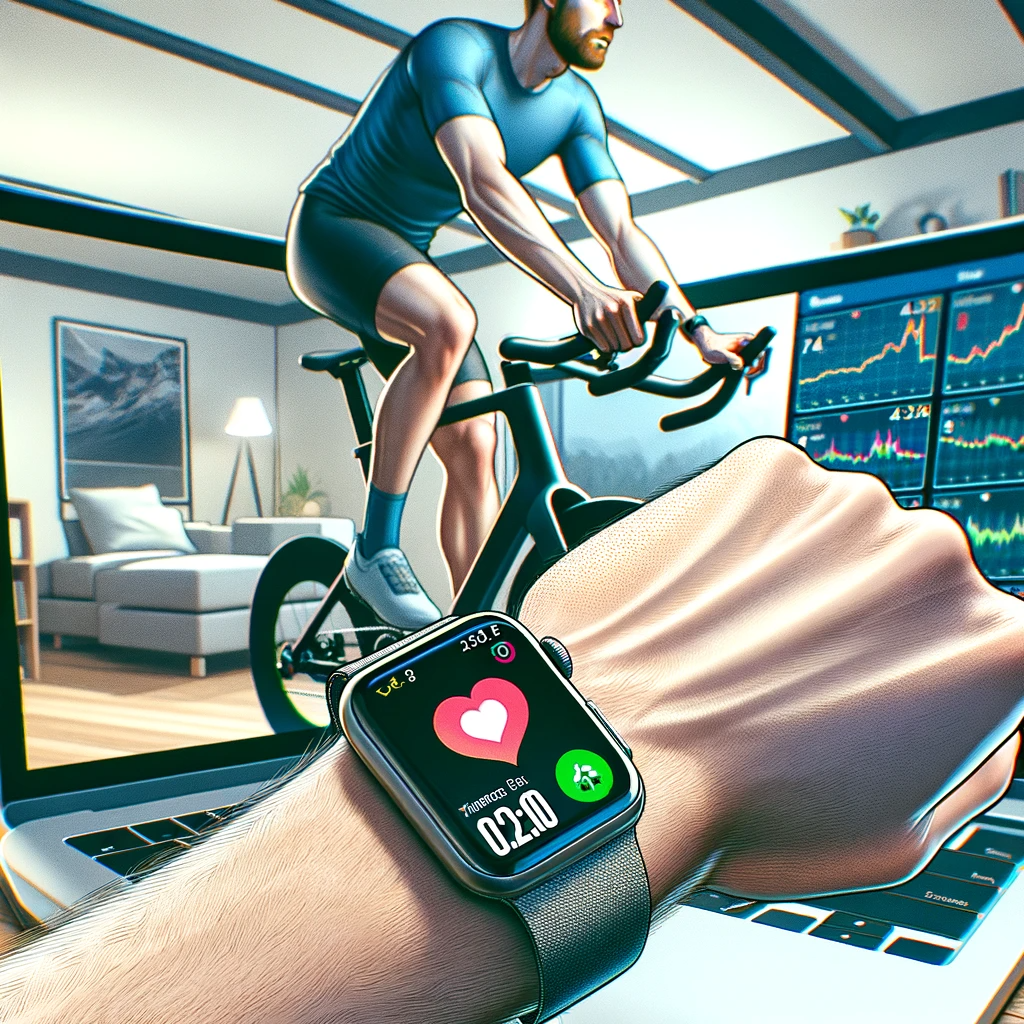 Fietser traint binnen op een hometrainer met Zwift op een laptop, terwijl een Apple Watch de hartslag meet, in een moderne, technologie-gerichte omgeving.