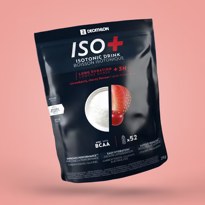 ISO+ isotone sportdrank van Decathlon in de smaak aardbei/kers